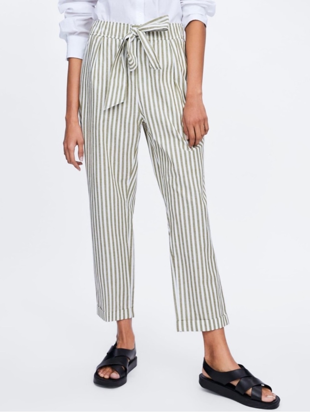 Zara Linen Blend Striped Bow Tie Waist Ankle Pants White Green Size Medium
